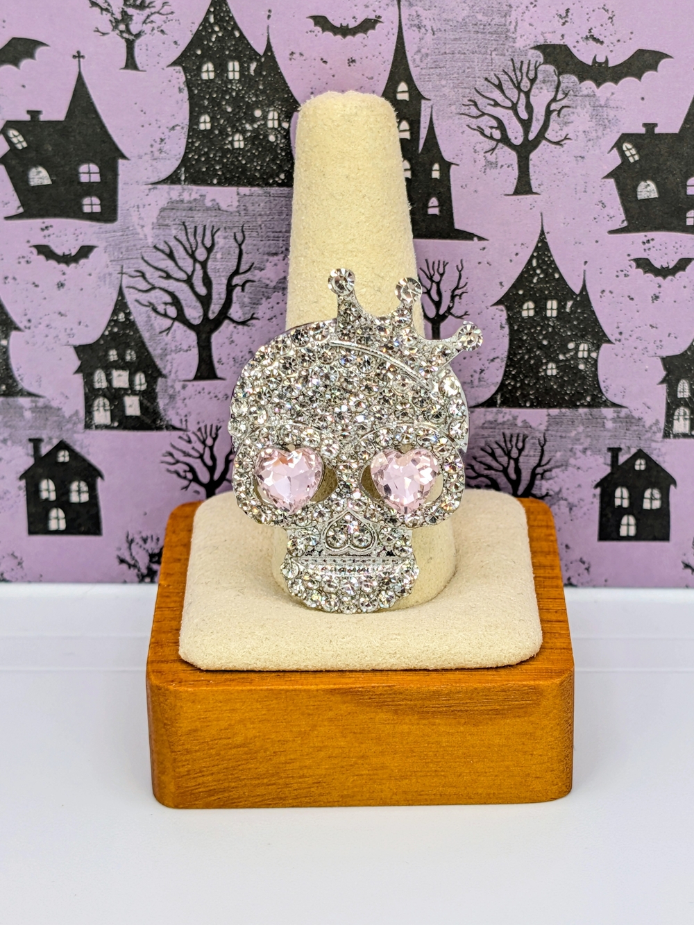 Crystal Skull Brooch with Pink Heart Faux Gem Eyes